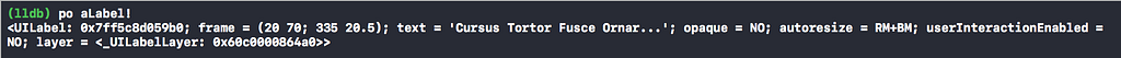 LLDB command po aLabel! prints the UILabel object and its properties.