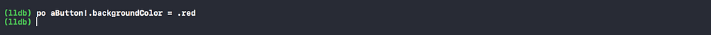 LLDB command po aButton!.backgroundColor = .red changes the button background to red.